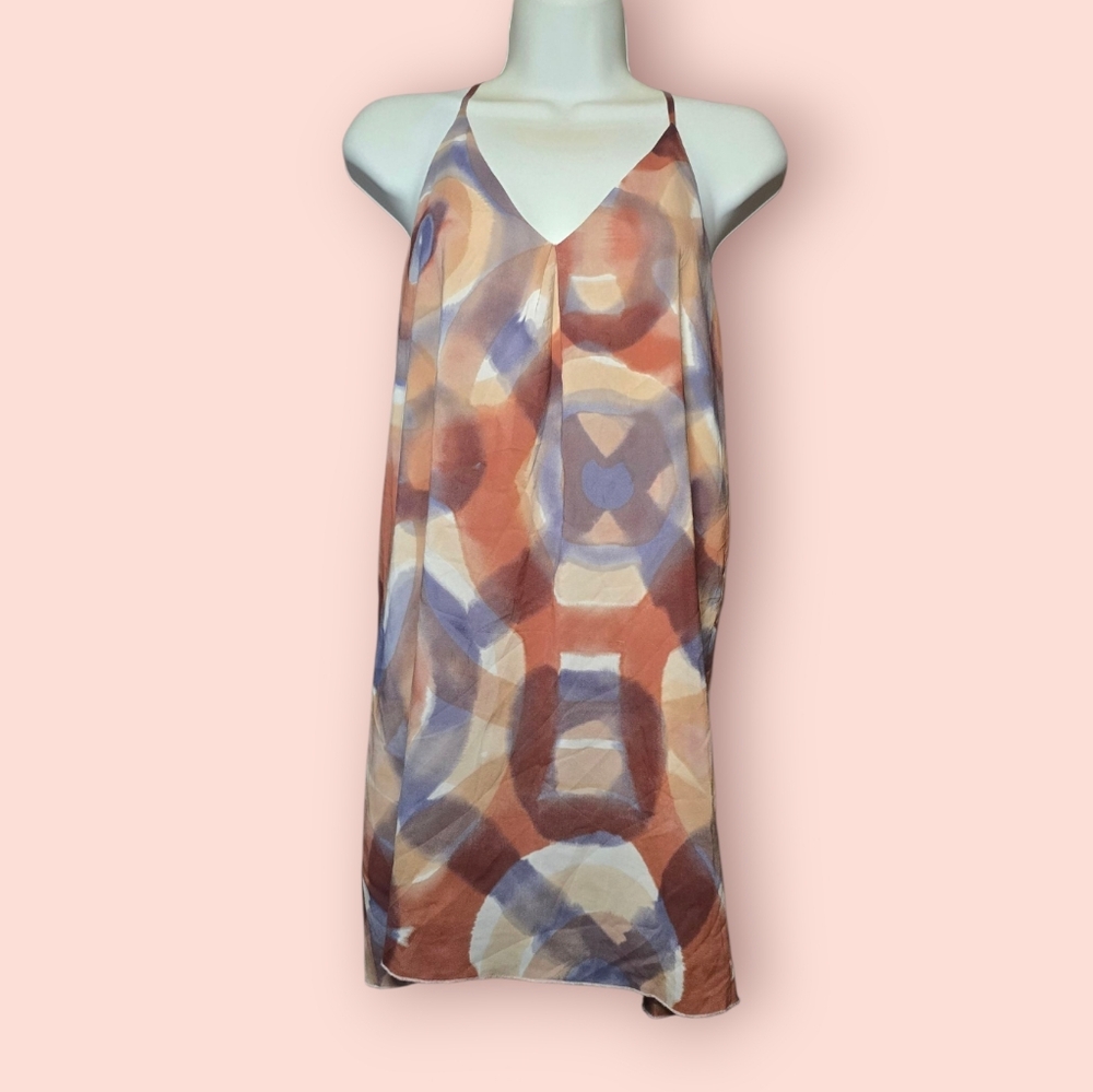Alice + Olivia Abstract Print Top Tunic Size S Silk Blend Terracotta/Blue/Tan